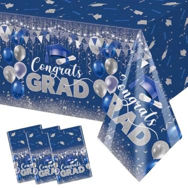 Imagem de MEHOFOND Pacote com 3 toalhas de mesa Congrats Grad, toalha de mesa descartável de plástico azul prata glitter 137 x 274 cm, capa de mesa para festa de formatura de 2026 para decoração de festa de