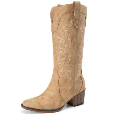 Imagem de Athlefit Botas femininas caubói, moda ocidental, bordadas, salto grosso, bico fino, confortável, cano médio, com zíper lateral, Camelo, 38