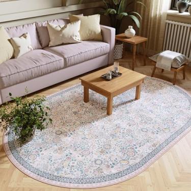 Imagem de Clemile Tapete oval floral 10 x 15 cm - Tapete antiderrapante vintage para sala de estar lavável - Tapete macio e resistente a manchas para cozinha, quarto, sala de jantar, berçário, colorido, rosa