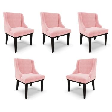 Imagem de Kit 5 Cadeiras Decorativas Sala de Jantar Base Fixa de Madeira Firenze Suede Rosa Bebê/Preto G19 - Gran Belo
