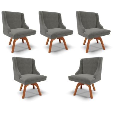 Imagem de Kit 5 Cadeiras Decorativas Sala de Jantar Base Giratória de Madeira Firenze Suede Grafite/Natural G19 - Gran Belo