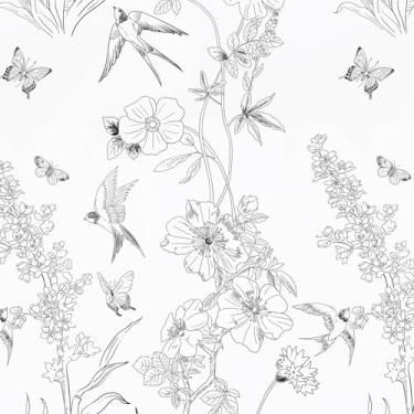 Imagem de Amiya Papel de parede floral preto e branco descasque e cole papel de parede removível de pássaros para quarto 43,9 cm x 203,2 cm papel de parede autoadesivo de vinil para armários forro de prateleira