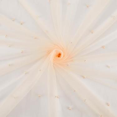 Imagem de FINGERINSPIRE Tecido de tule pérola de 3 metros com decoração de contas de 6 mm de largura 55,12 polegadas de largura poliéster bege elegante material de malha pérola para vestidos de casamento
