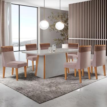 Imagem de Mesa De Jantar Diane 180cm Tampo Mdf Vidro 6 Cadeiras Andes Moderna Linho Capuccino Tork Naturale Off White Serigrafia