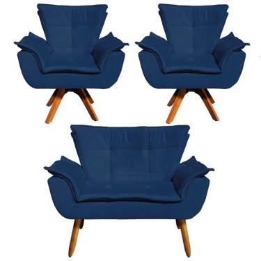 Imagem de Kit 01 Namoradeira E 02 Poltronas Opala Suede Azul Marinho