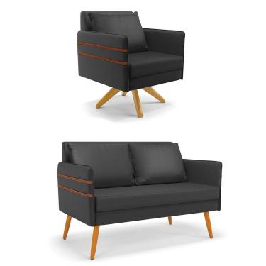 Imagem de Kit 01 Namoradeira 02 Lugares E 01 Poltrona Mari Corino Preto Base De Madeira Ma30 - D'Rossi