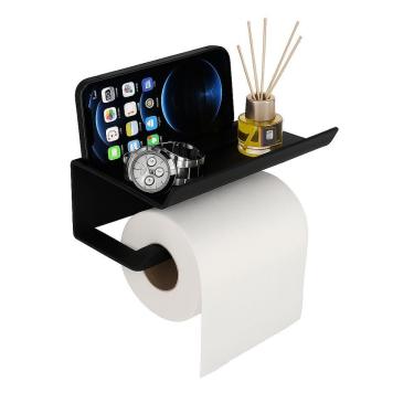 Imagem de Suporte De Papel Higiênico Premium Em Aço Inoxidável Fosco Com Prateleira Superior Para Banheiro Moderno - Preto