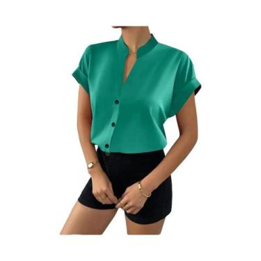 Imagem de Blusa feminina de botão de couro PU, Turn Down Collar, Bodycon Working