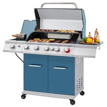 Imagem de Churrasqueira a Gás 74.000 BTU com 5 Queimadores, 2 Portas e 1 Queimador Lateral em Aço Inoxidável, ROYAL GOURMET GA5403B, Azul