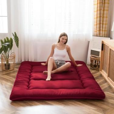 Imagem de MAXYOYO Colchão futon japonês, almofada de dormir espessa, cobertura de colchão de enrolar, cama de chão de hóspedes, vemelho-vinho, tamanho queen