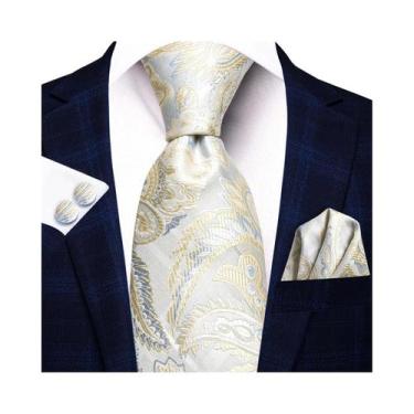 Imagem de Gravata De Seda Elegante Masculina Com Lenço De Bolso E Abotoaduras - 