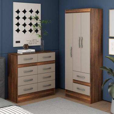 Imagem de Quarto Completo Guarda-roupa 3 Portas e 2 Gavetas e Cômoda 8 Gavetas Castanho/off-white