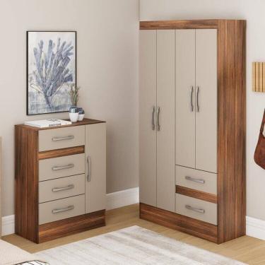 Imagem de Quarto Completo com Guarda-roupa 4 Portas e 2 Gavetas e Cômoda 4 Gavetas e 1 Porta Castanho/Off-White