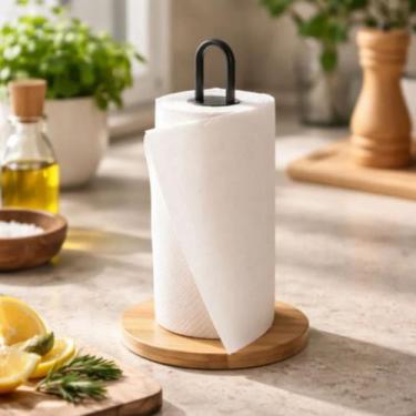 Imagem de Suporte Papel Toalha De Mesa em Metal e Bambu 33x15 Moderno, Resistent