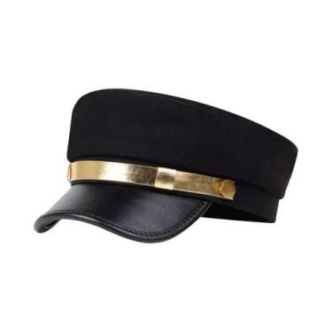 Imagem de Bonés Militares Unissex De Couro Com Topo Plano Para Mulheres, Chapéu 