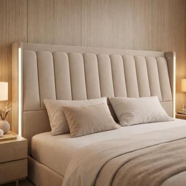 Imagem de Cabeceira Casal Moan P05 para Cama Box com Led Estrutura MDF-MDP Veludo Bege Lyam Decor