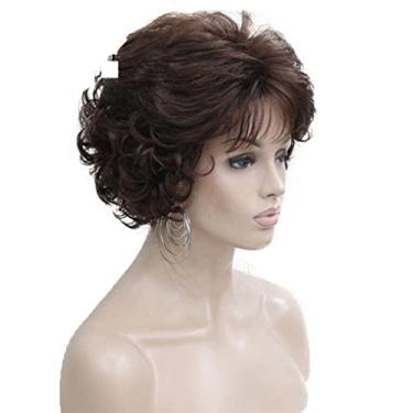 Imagem de Perucas femininas de cabelo sintético curto encaracolado castanho escuro peruca feminina grossa para perucas de cabelo humano diário (cor: 31 castanho escuro, comprimento esticado: 20 cm)