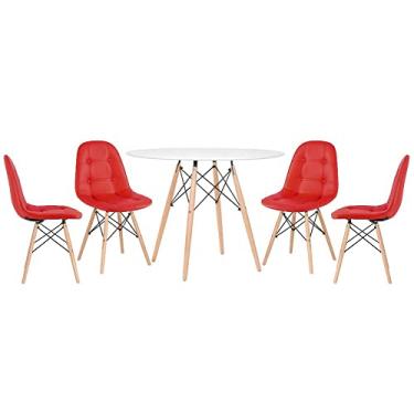 Imagem de Loft7, Mesa redonda Eames 100 cm branco + 4 cadeiras estofadas Eiffel Botonê Vermelho