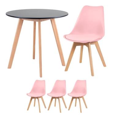 Imagem de Mesa Redonda 80cm Preto + 3 Cadeiras Rosa Claro
