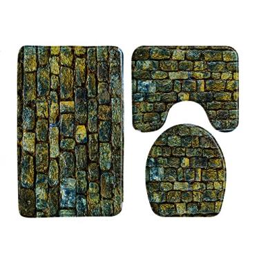 Imagem de Tapete de banho com textura de pedra de pedra, conjunto de 3 peças, tapete de banheiro, absorção de água, flanela antiderrapante, tapete lavável, capa de banheiro, decoração de banho, 33785J, 450MMx750MM