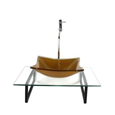 Imagem de KIT CUBA DE VIDRO QUADRADA DOURADO REAL COM TAMPO 60CM INCOLOR E SUPORTE TORNEIRA VALVULA