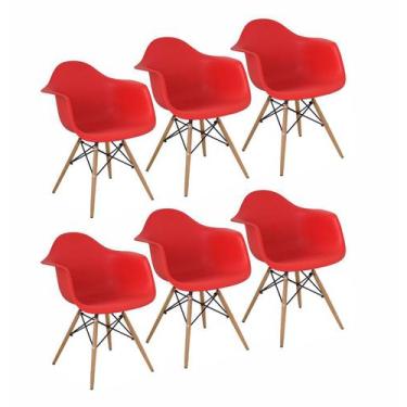 Imagem de Kit 6 Cadeiras Charles Eames Eiffel Design Wood Com Braços - Vermelha
