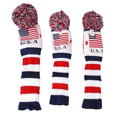 Imagem de PLUSKER USA Golf Club Capas de cabeça para motorista e madeira de fairway com pompom de pescoço longo Proector de malha 3 peças/conjunto de capas de golfe patriótica de bandeira americana