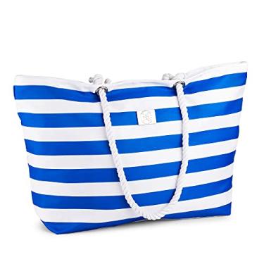Imagem de (Striped Blue) - Large Canvas Striped Beach Bag - Top Zipper Closure - Waterproof Lining - Tote Shoulder Bag For Gym Beach Travel