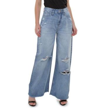 Imagem de Calça Jeans Feminina Wide Leg Com Rasgos Moda Blogueira - Doct