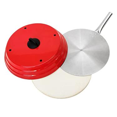 Imagem de Kit Pizza Para Churrasqueira Com Pá de Pizza Alumínio Pedra Refratária Redonda 37cm e Abafador (Vermelho)