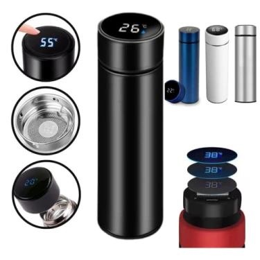 Imagem de Garrafa Térmica De Inox Café, Água Quente e Frio C/Sensor De Temperatura Em Led 500 ML Parede Dupla Medidor Temperatura Squeeze Portátil (Azul)