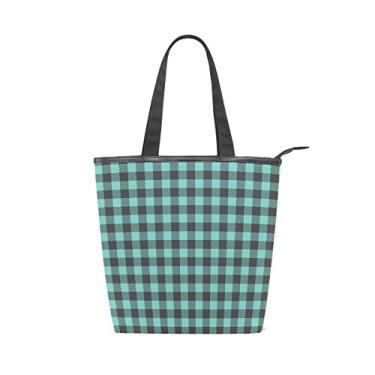 Imagem de Bolsa feminina de lona durável verde estampa tartã escocesa grande capacidade sacola de compras bolsa de ombro