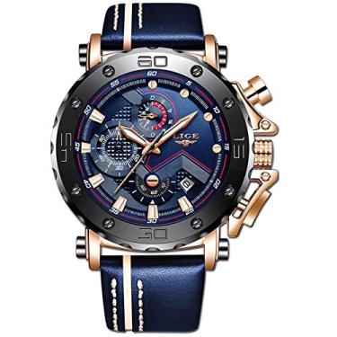 Imagem de LIGE Relógios masculinos à prova d'água, esportivo, cronógrafo, casual, moda, analógico, quartzo, relógio de luxo de couro militar com mostrador grande, Ouro rosa, azul, relogio de luxo