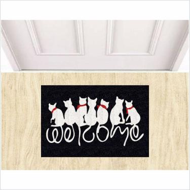 Imagem de Tapete Capacho Gato Welcome Fundo Preto
