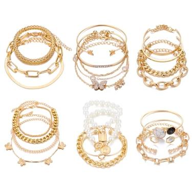 Imagem de IFKM Conjunto de 6 (24 peças) de pulseiras de corrente de ouro Boho para mulheres, banhado a ouro 14K com várias camadas empilháveis de punho aberto com elos ajustáveis, joia italiana