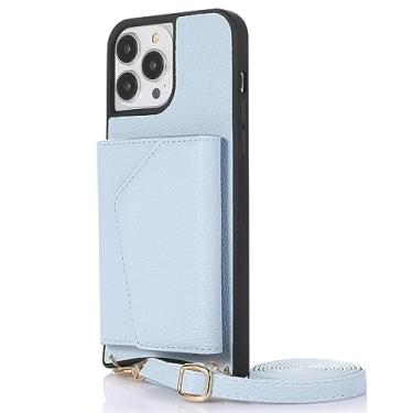 Imagem de CQSJX Capa transversal para iPhone 14 Pro Max/14 Plus/14 Pro/14, capa carteira de couro real com fecho magnético para cartão, azul, 14 Pro Max 6,7"