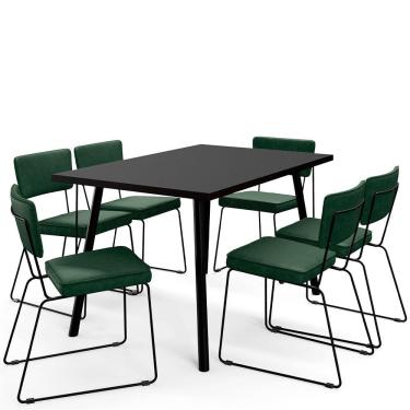 Imagem de Mesa de Jantar Montreal Preto 135cm com 06 Cadeiras Industrial Allana F01 Couríssimo Verde - Lyam