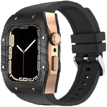 Imagem de MAALYA Caixa de fibra de carbono moldura de titânio, para pulseira de relógio Apple 8 7 44mm 45mm com elástico, kit de modificação pulseira fluororubber de armação de metal, para acessórios