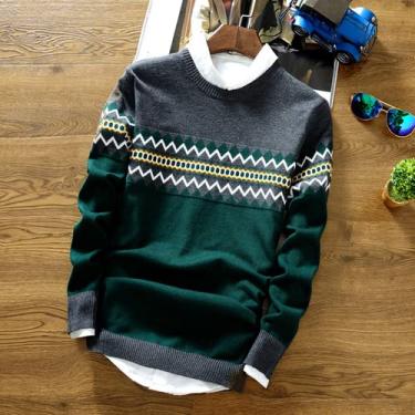 Imagem de Suéter masculino de manga comprida pulôver túnica moda estampa xadrez gola redonda suéter de malha slim fit, verde, Ásia M 47 a 53 kg