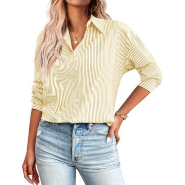 Imagem de Zeagoo Camisas femininas de botão para mulheres blusas de algodão listradas soltas de manga comprida elegantes casuais para trabalho, Amarelo, XXG