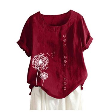 Imagem de Camiseta feminina de linho, gola redonda, mangas curtas, estampada, folgada, túnica de verão, roupas para sair, Vermelho #2, G
