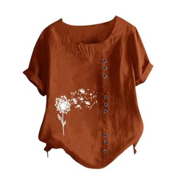 Imagem de Camisetas femininas de linho com estampa de dente-de-leão, gola redonda, manga curta, camisetas soltas de verão, Café, M