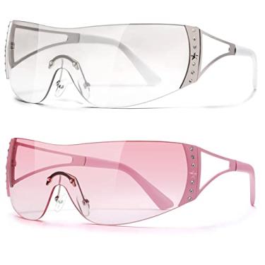 Imagem de DQbhzh Y2K Óculos de sol anos 2000 sem aro para mulheres e homens, óculos escuros modernos, Transparente, rosa, 77mm