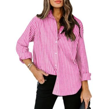 Imagem de siliteelon Camisas femininas de botão de algodão listradas camisa social manga longa colarinho escritório trabalho blusas tops, Listrado rosa, PP