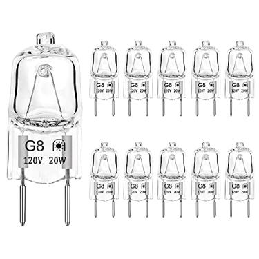 Imagem de Lâmpadas de halogênio G8 reguláveis 20 Watt 120V T4 JCD Tipo G8 Base Bi-Pin Short 1-3/8" (3,5 cm) Comprimento para luzes de disco sob armário, capuz de cozinha, luzes de paisagem, lâmpadas de mesa, branco quente 2700K (embalagem com 10)