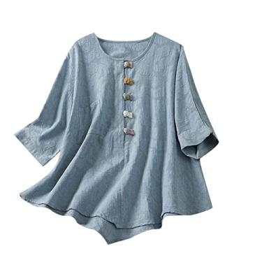 Imagem de Camiseta feminina de linho de verão, gola redonda, botões, cor sólida, caimento solto, manga 3/4, bolso, túnica, Azul, M