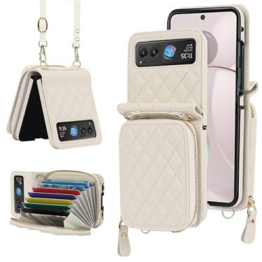 Imagem de NINKI Capa compatível com Moto Razr 2023 Ultra com porta-cartão, alça transversal antiqueda, à prova de choque, capa para celular Moto Razr 40 Ultra carteira para Moto Razr 2023 Plus branca, 50180
