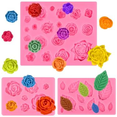 Imagem de Actvty Molde de silicone de flor de rosa, molde de folhas de doces, 3 peças mini moldes de silicone de rosa e folha para fondant de chocolate, açúcar, argila, doces, topos de cupcake, decoração de