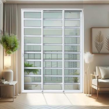Imagem de Porta de Correr com Travessas 3 Folhas Moveis Sequenciais 210 X 150 Elite com Fechadura Tetra Vidro Branco