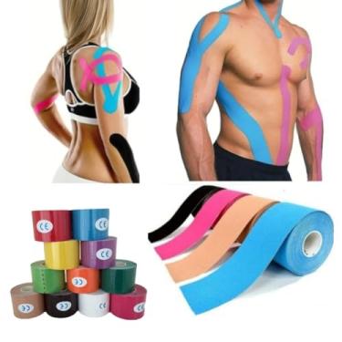 Imagem de Kit 05 Kinésio Tape Fita Bandagem Adesiva Elástica Funcional Muscular Fisoterapia Faixa Cinesiológica Exercicio